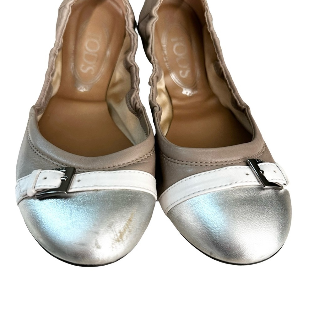 Tod’s | Silver Taupe Leather Scrunch Ballet Flats Size 37 - Picture 7 of 12